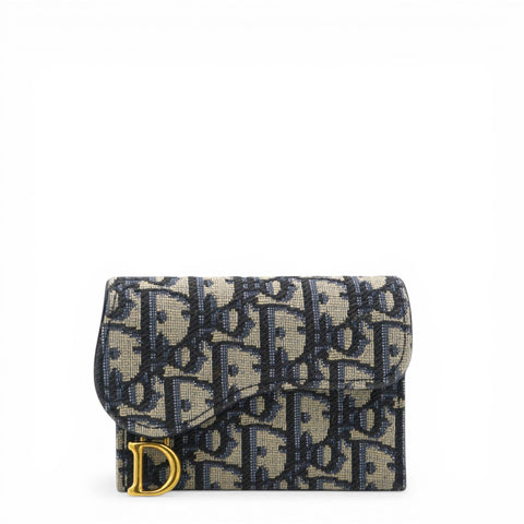Christian Dior Oblique Saddle Card Holder Blue 
