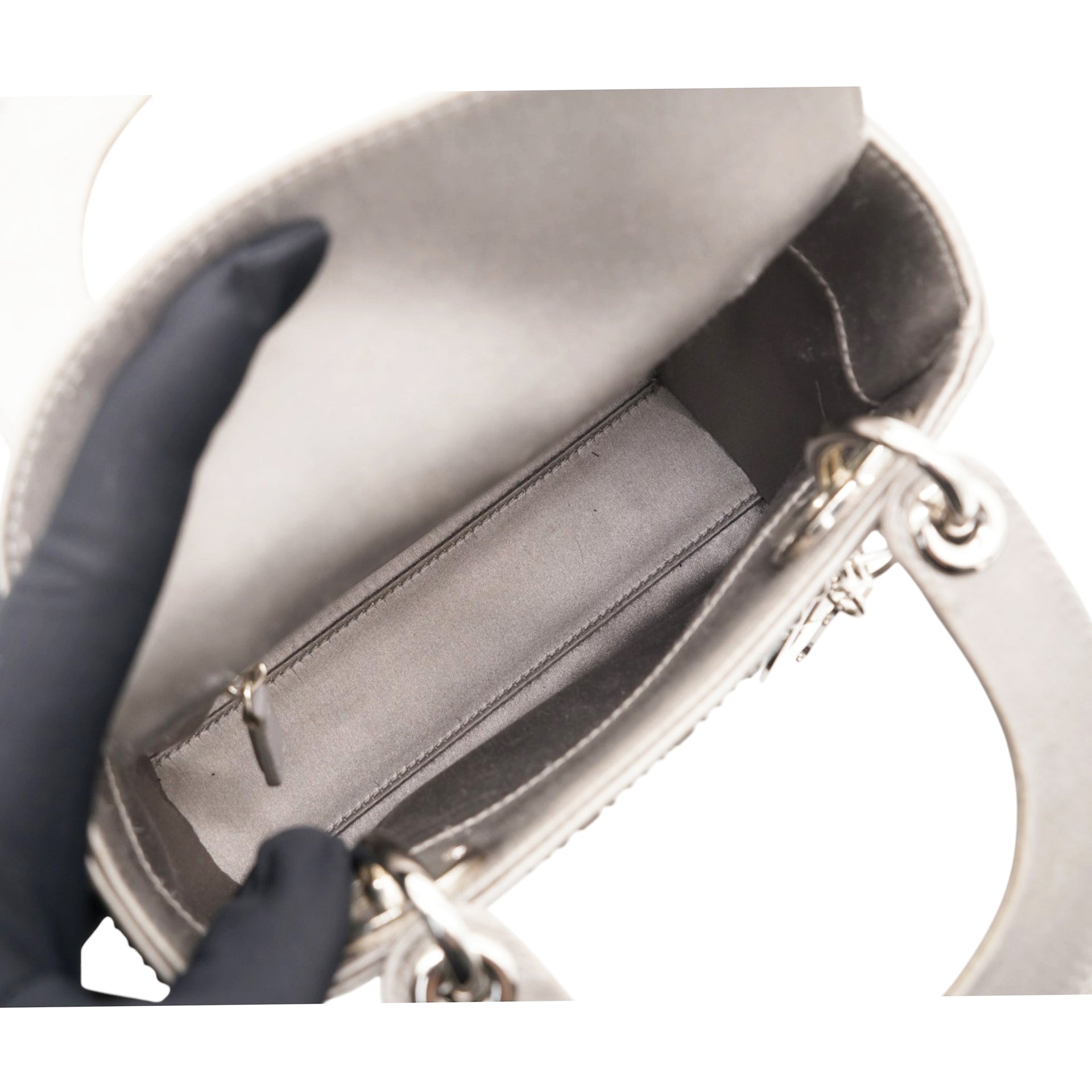 Christian Dior Satin Crystal Cannage Mini Lady Dior Gray 