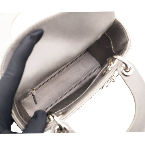Christian Dior Satin Crystal Cannage Mini Lady Dior Gray 