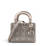 Christian Dior Satin Crystal Cannage Mini Lady Dior Gray 
