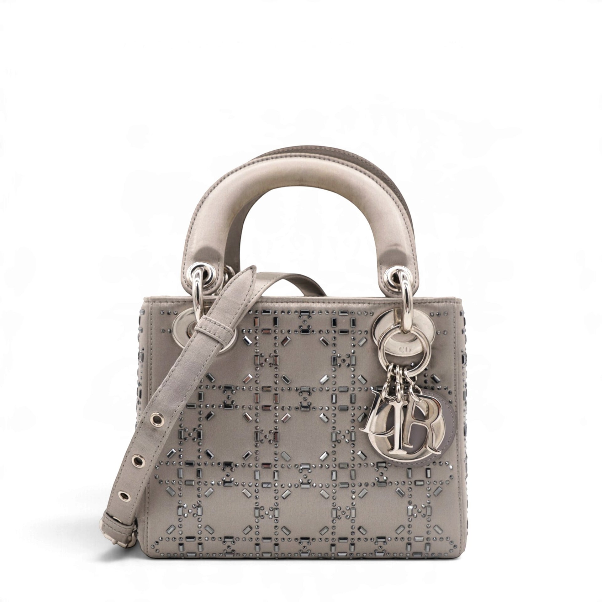 Christian Dior Satin Crystal Cannage Mini Lady Dior Gray 