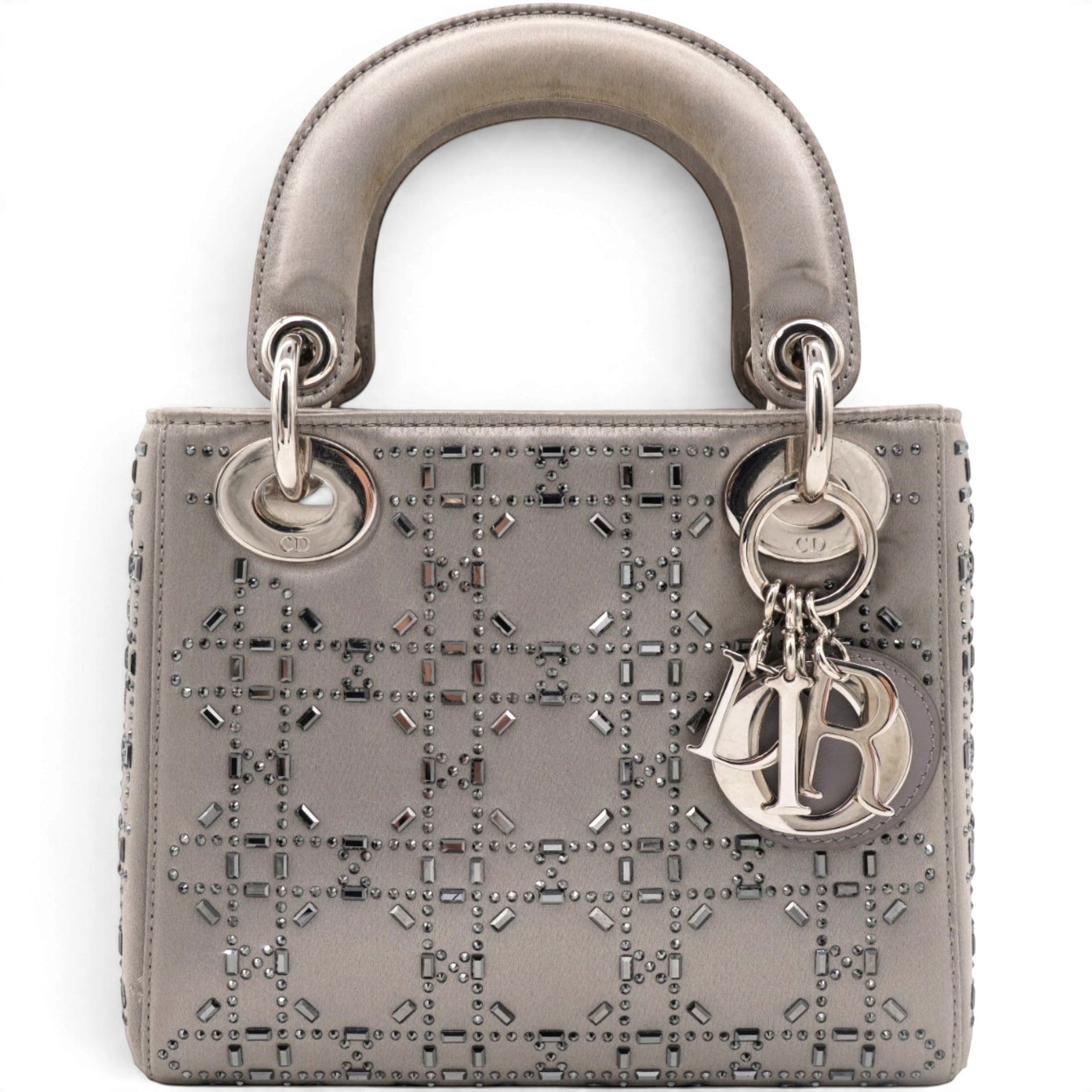 Christian Dior Satin Crystal Cannage Mini Lady Dior Gray 