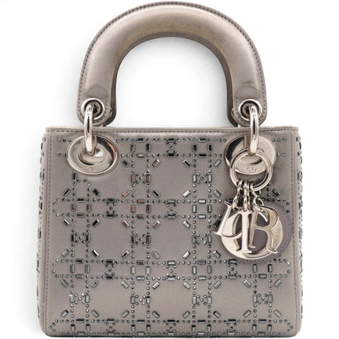 Christian Dior Satin Crystal Cannage Mini Lady Dior Gray 