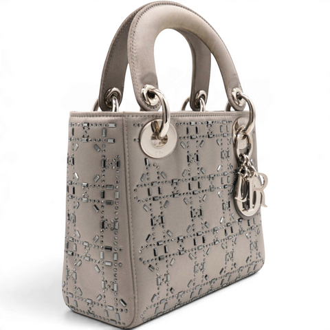 Christian Dior Satin Crystal Cannage Mini Lady Dior Gray 