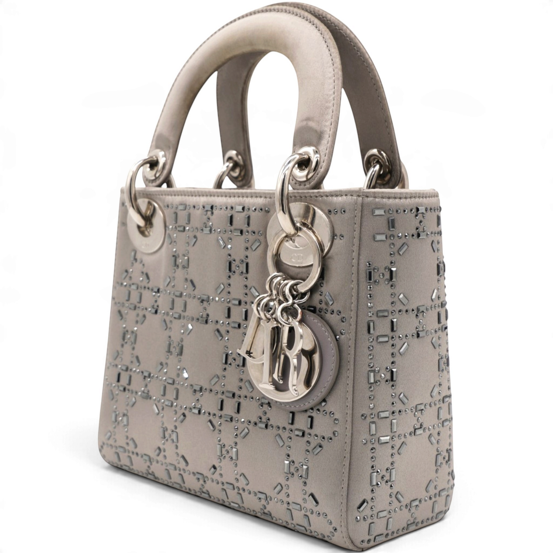 Christian Dior Satin Crystal Cannage Mini Lady Dior Gray 