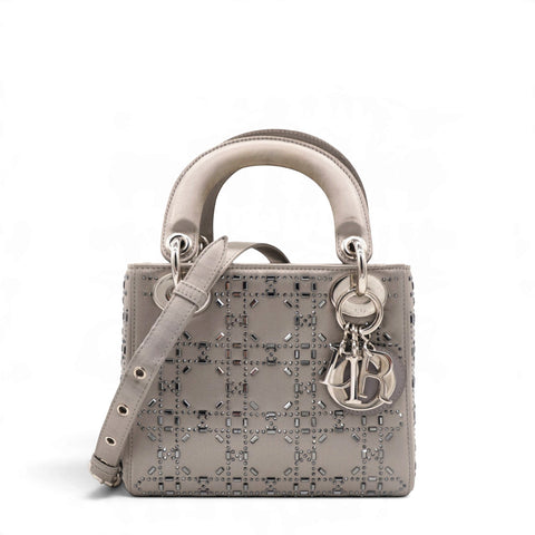 Christian Dior Satin Crystal Cannage Mini Lady Dior Gray 