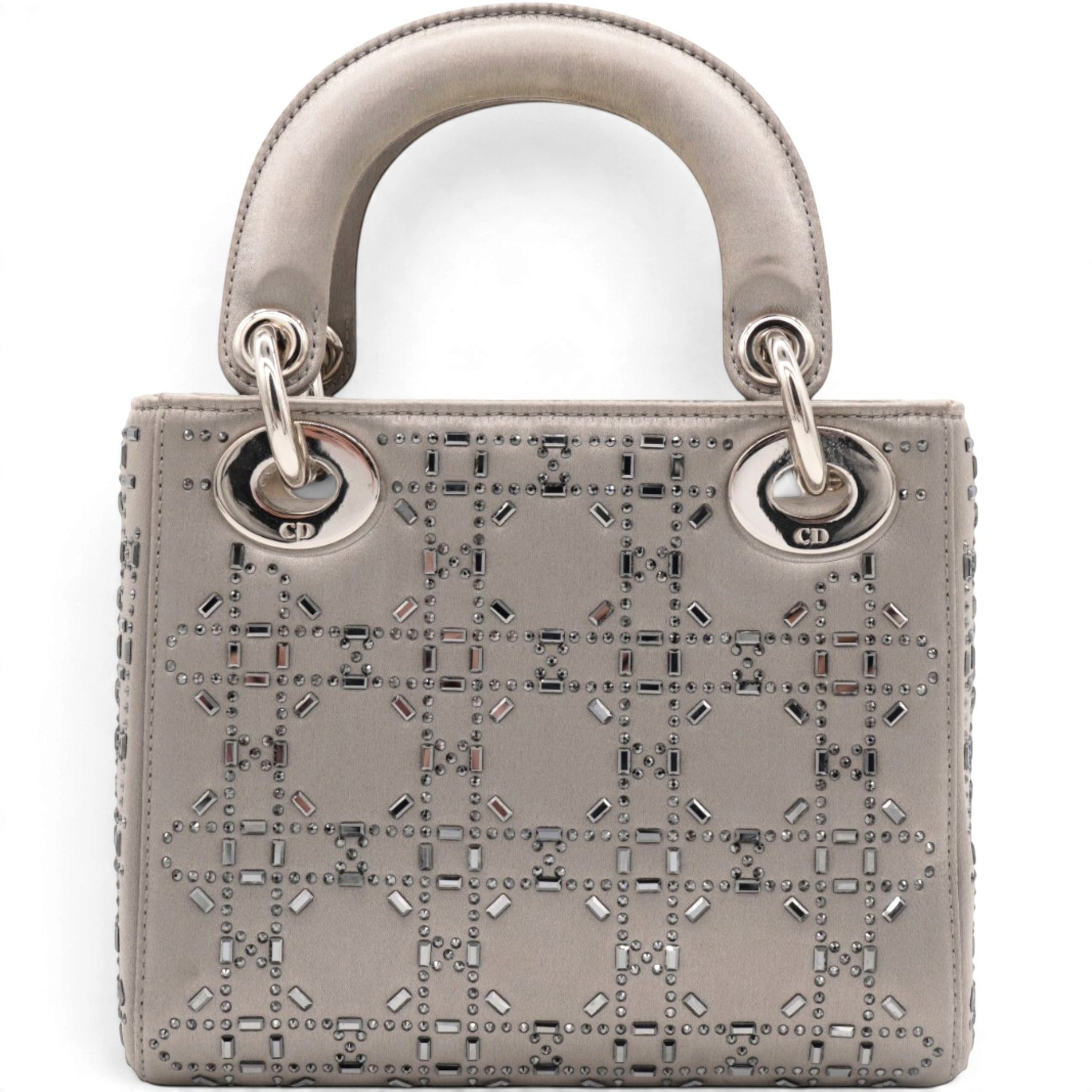 Christian Dior Satin Crystal Cannage Mini Lady Dior Gray 