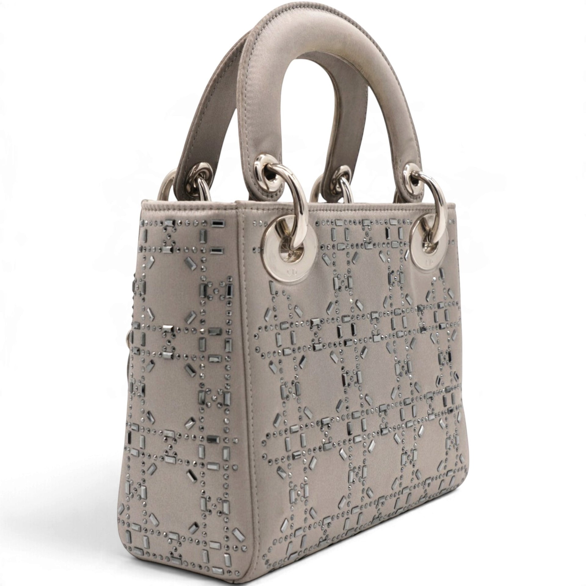 Christian Dior Satin Crystal Cannage Mini Lady Dior Gray 