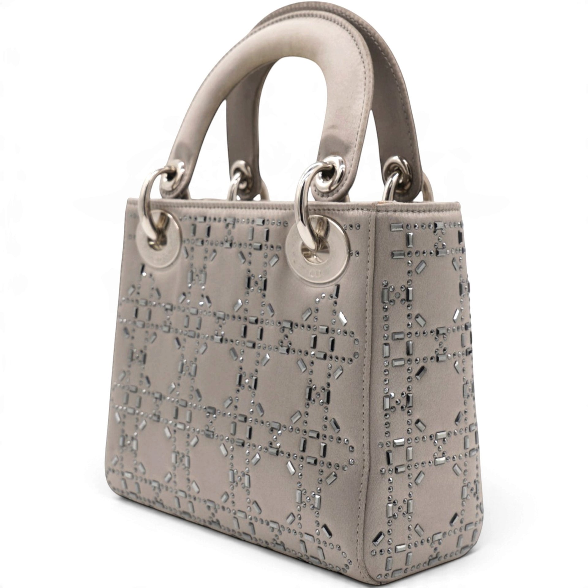 Christian Dior Satin Crystal Cannage Mini Lady Dior Gray 