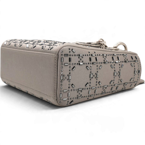 Christian Dior Satin Crystal Cannage Mini Lady Dior Gray 