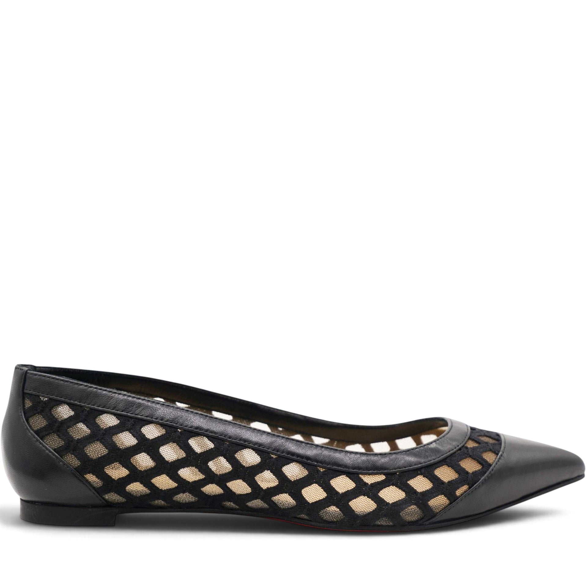 Christian Louboutin Black Leather and Lace Pointed Toe Ballet Flats Size35 