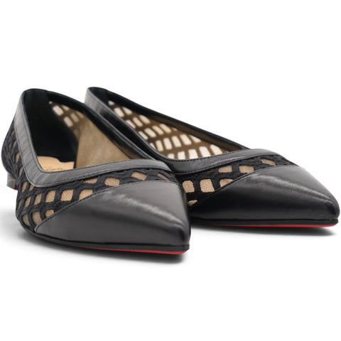Christian Louboutin Black Leather and Lace Pointed Toe Ballet Flats Size35 