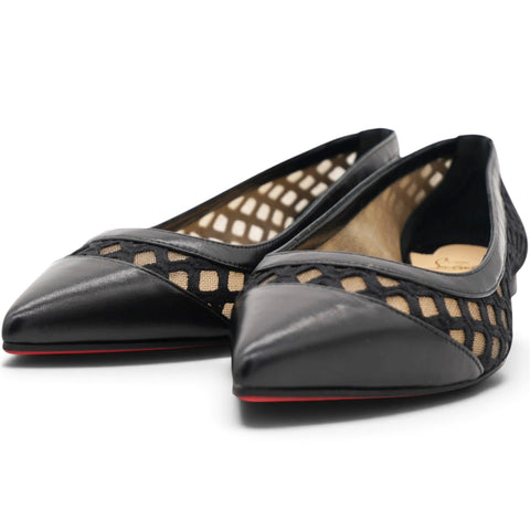 Christian Louboutin Black Leather and Lace Pointed Toe Ballet Flats Size35 