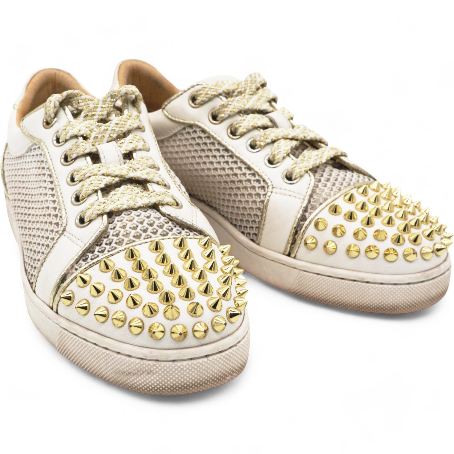 Christian Louboutin White Mesh and Leather AC Viera Spiked Orlato Low Top Sneakers Size 34 