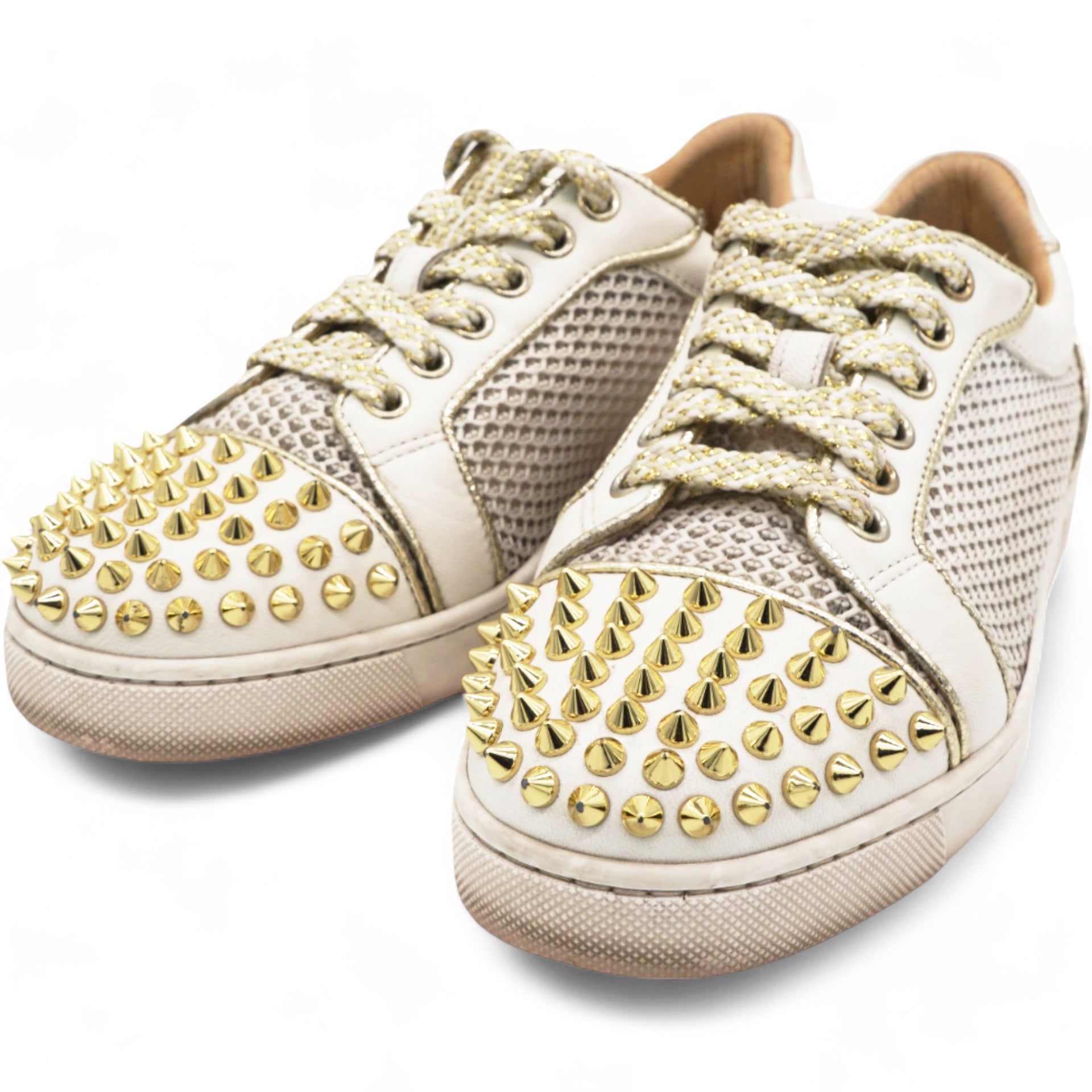 Christian Louboutin White Mesh and Leather AC Viera Spiked Orlato Low Top Sneakers Size 34 