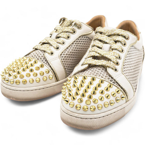 Christian Louboutin White Mesh and Leather AC Viera Spiked Orlato Low Top Sneakers Size 34 