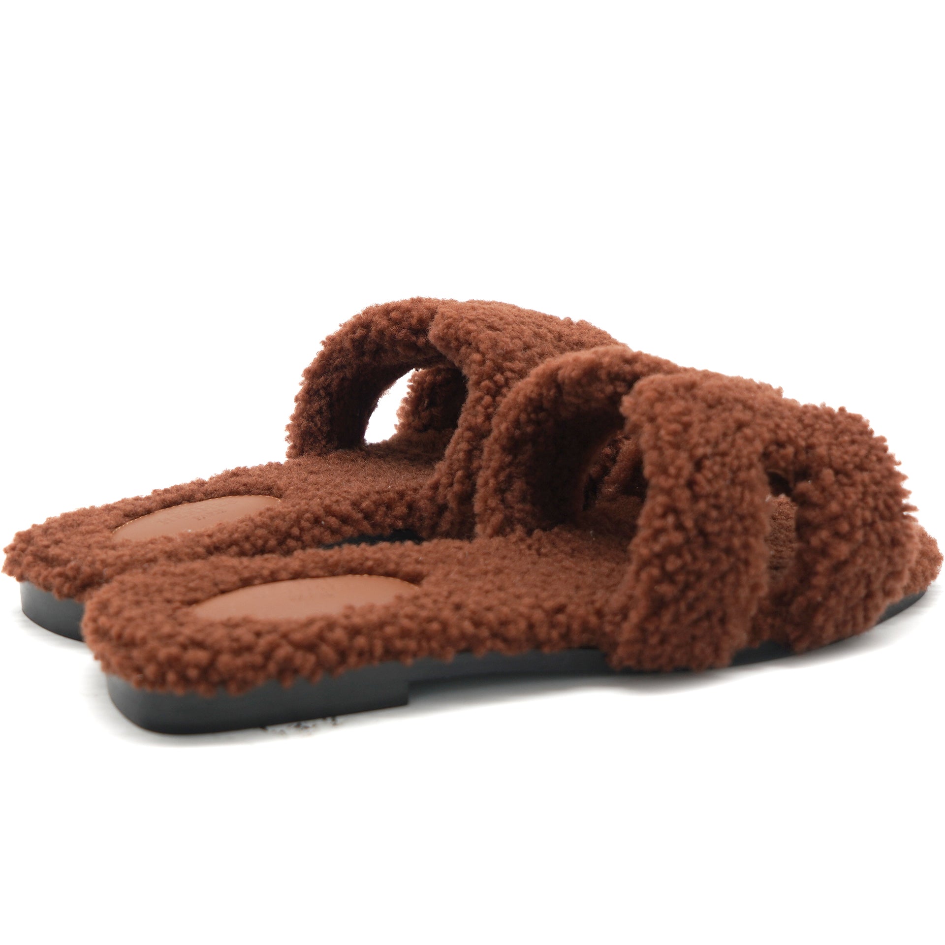 Brown Shearling Fur Oran Flat Sandals 39