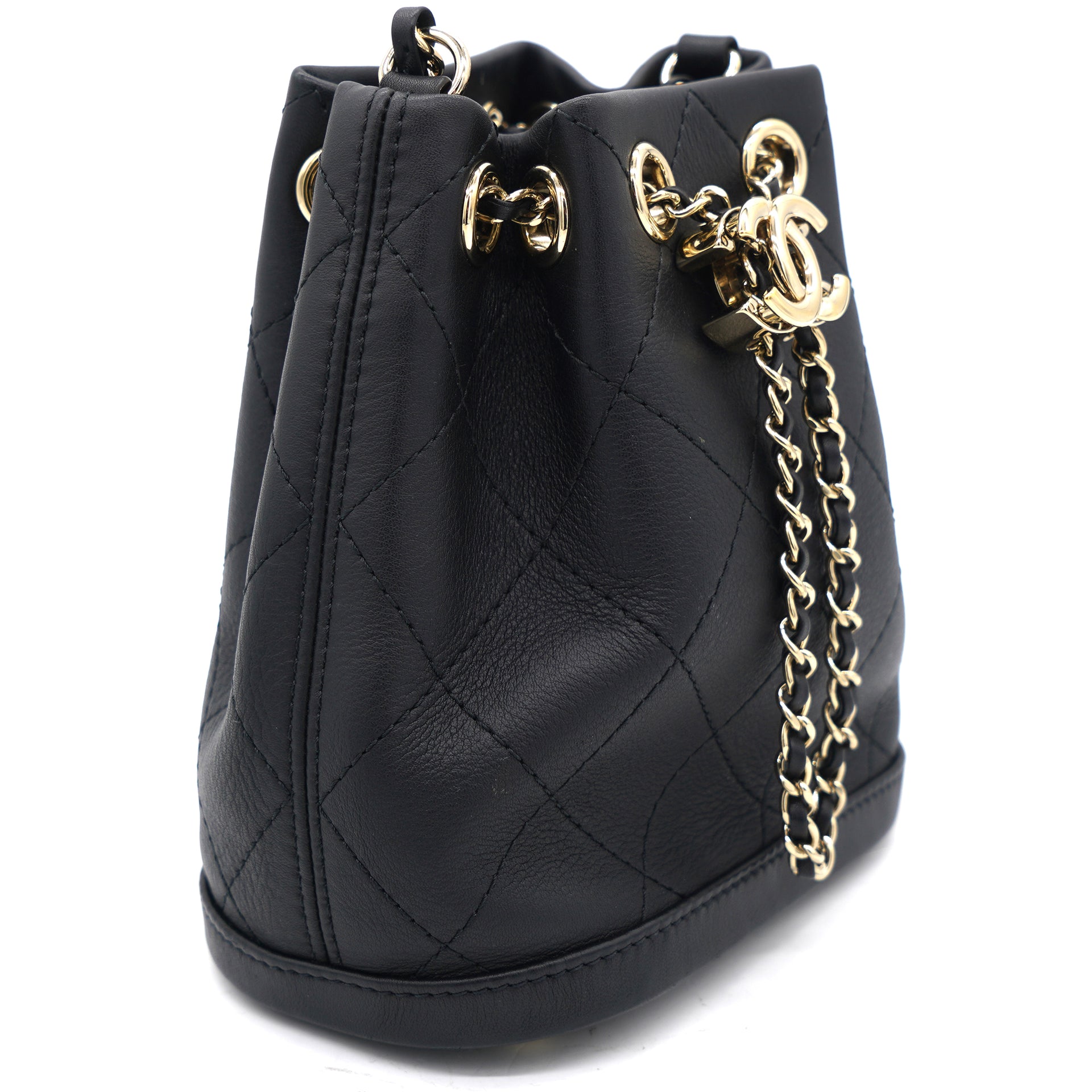 Calfskin Stitched Chain Bucket Bag Black