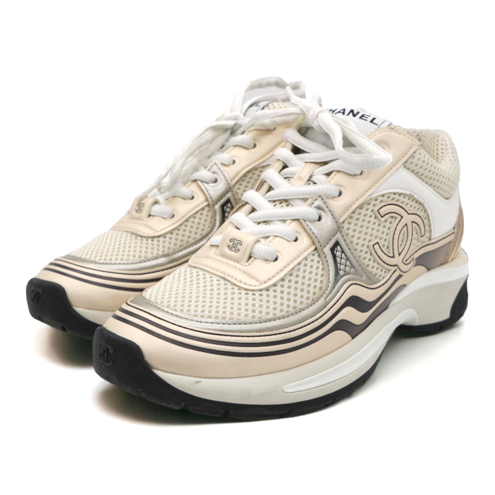 Laminated Leather and Fabric CC Low Top Ivory/White/Silver Sneakers 37