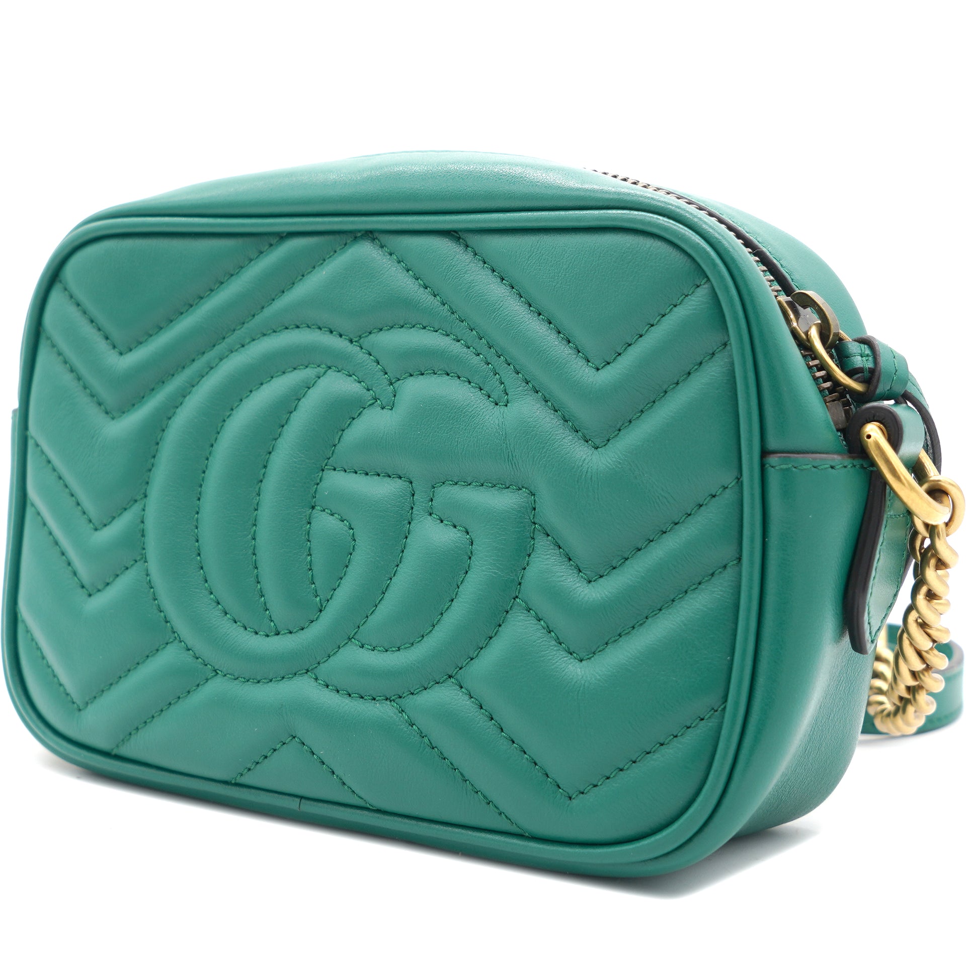 Gucci GG Marmont Camera Bag Matelasse Mini Emerald in Leather with Antique  Gold - US