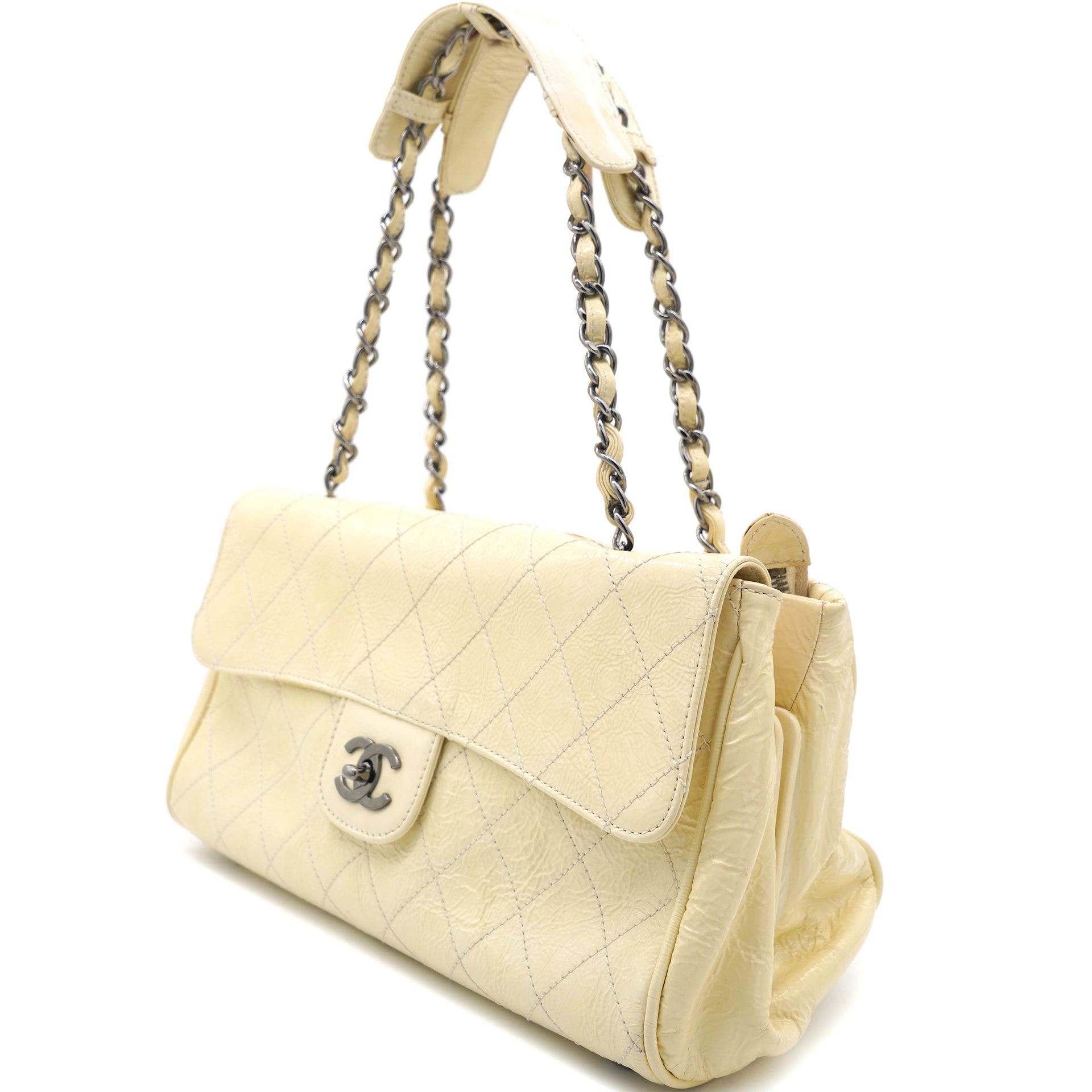 Chanel Yellow Leather Double Compartment Flap Shoulder Bag