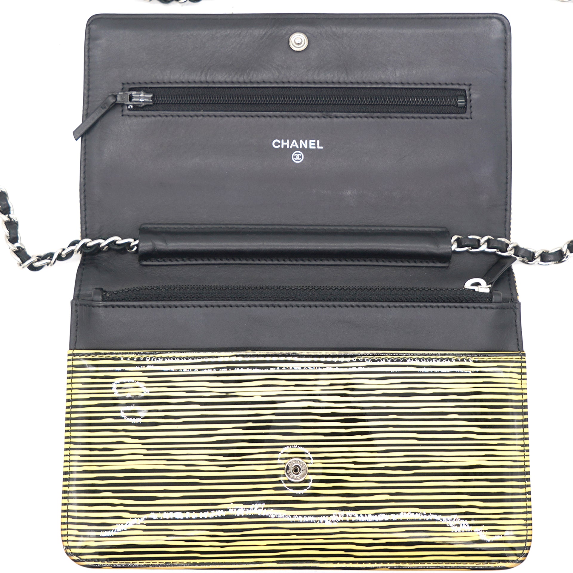 Chanel Yellow and Black Patent Calfskin Striped Wallet on Chain