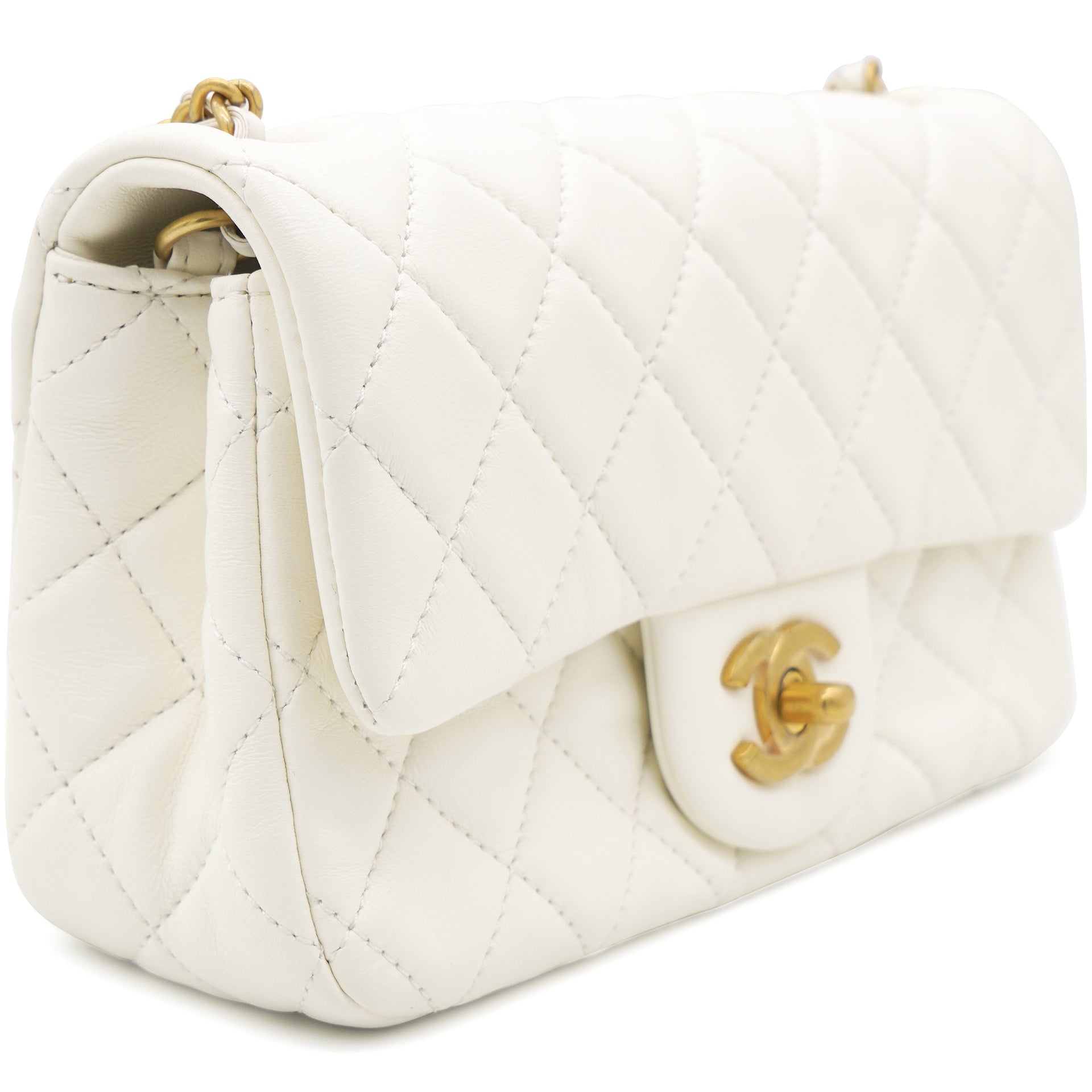 Chanel Pearl Crush Rectangular Flap Bag White Lambskin Antique