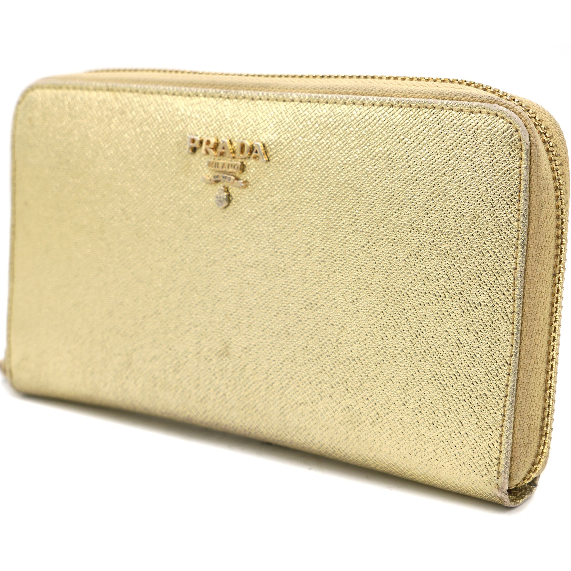 Prada Gold Saffiano Metal Leather Logo Flap Continental Wallet on