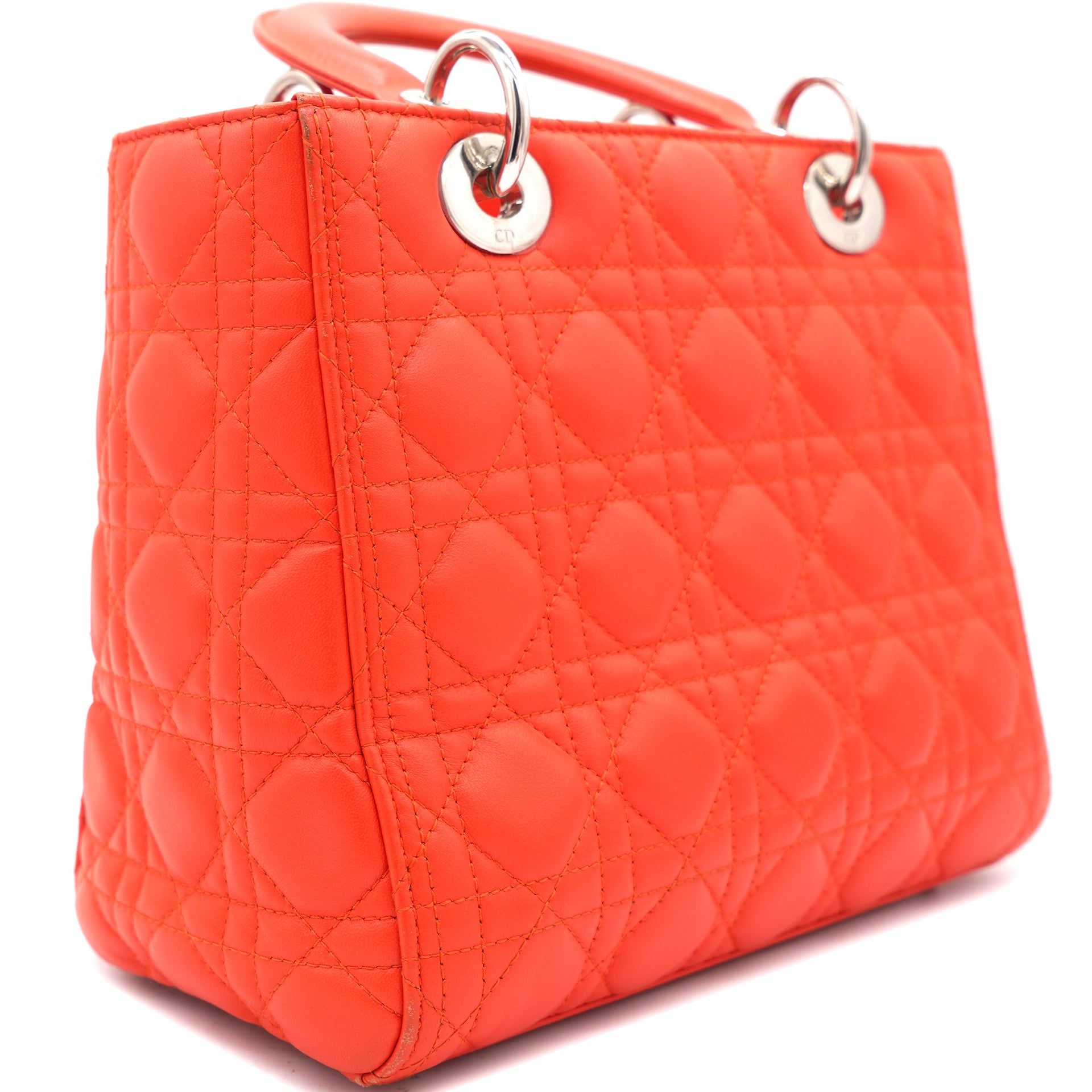 Orangey Red Cannage Leather Medium Lady Dior Tote