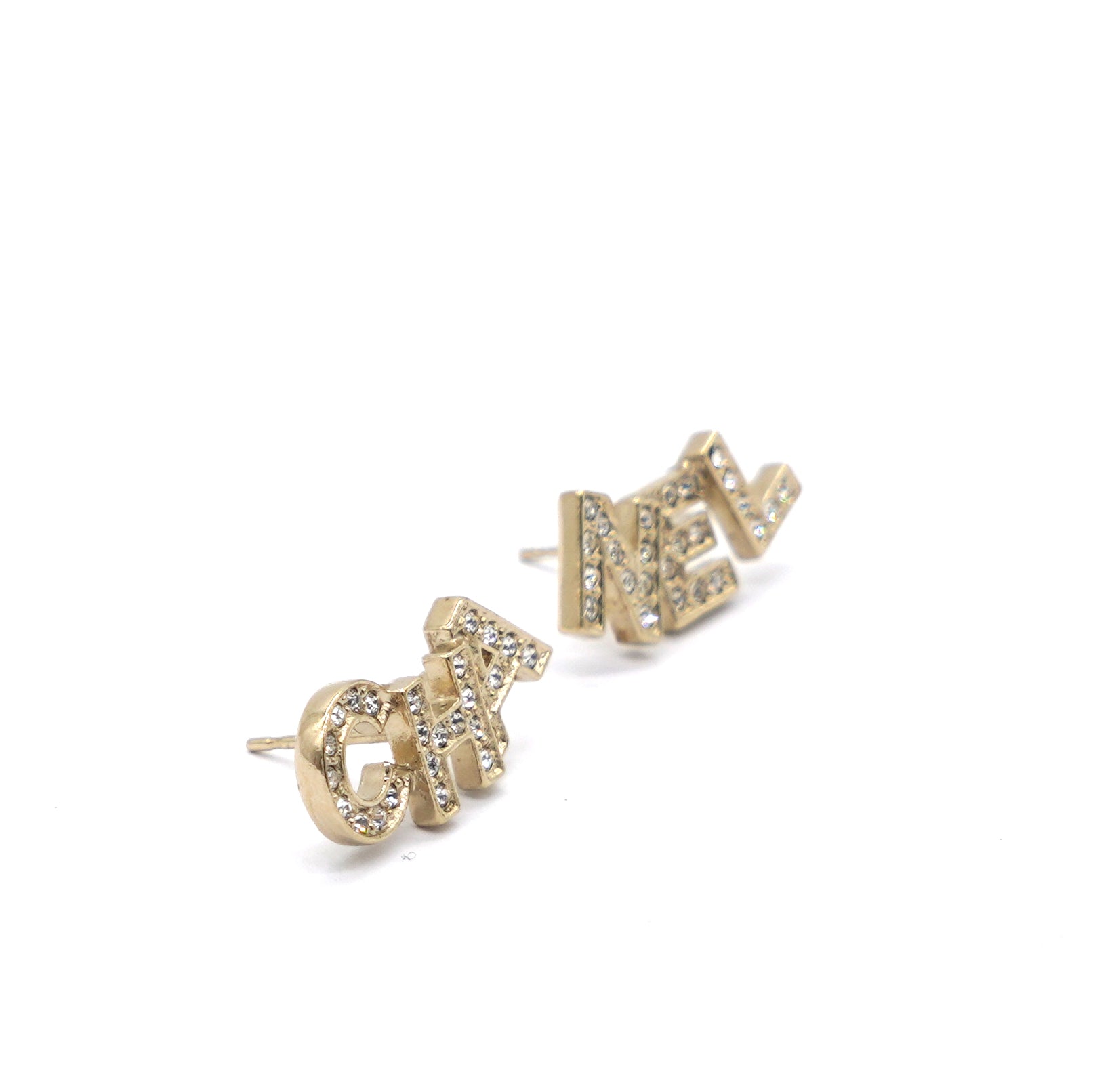 Gold Metal And Crystal Logo Letter Stud Earrings