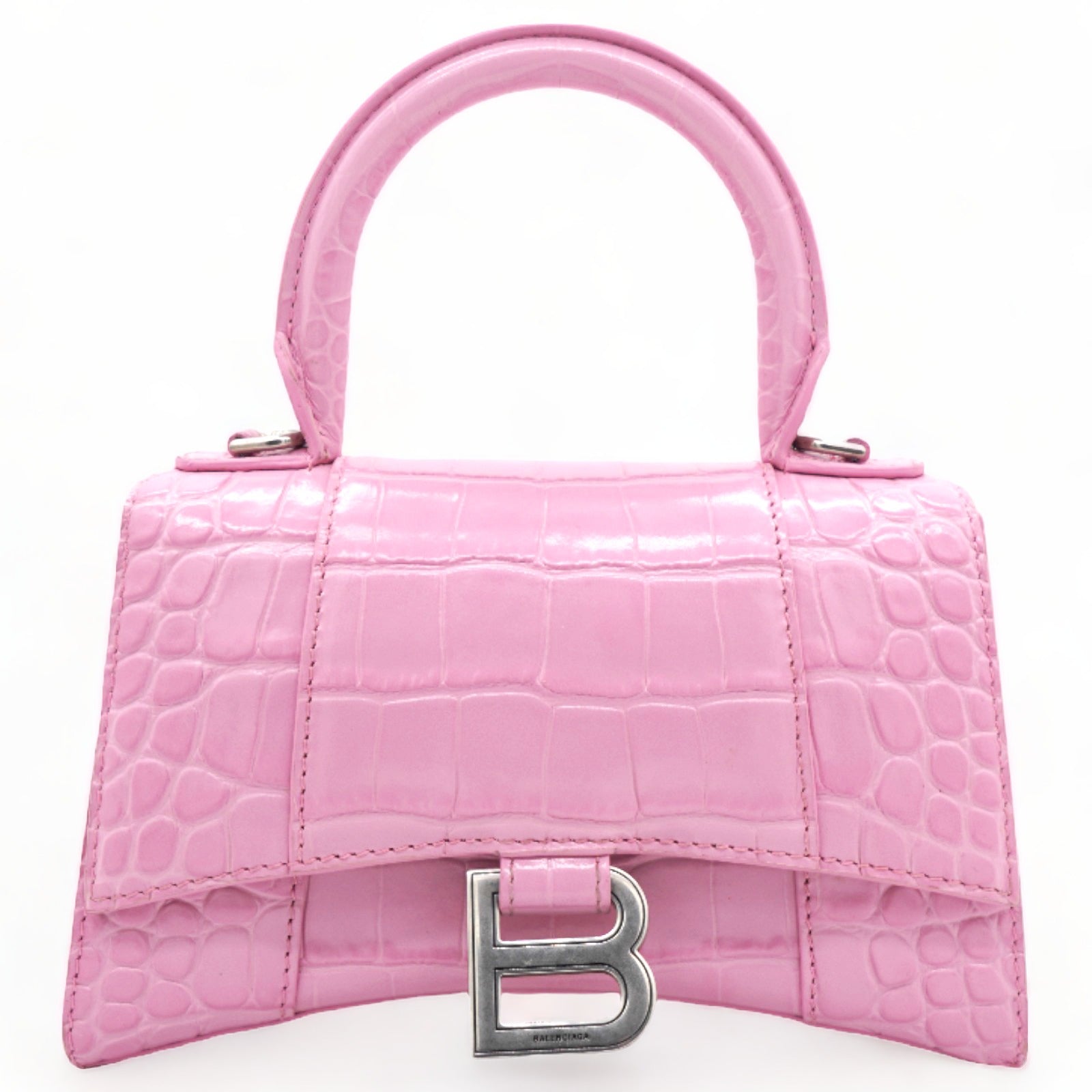 Shiny Calfskin Hourglass Top Handle Bag Mini Embossed Pink