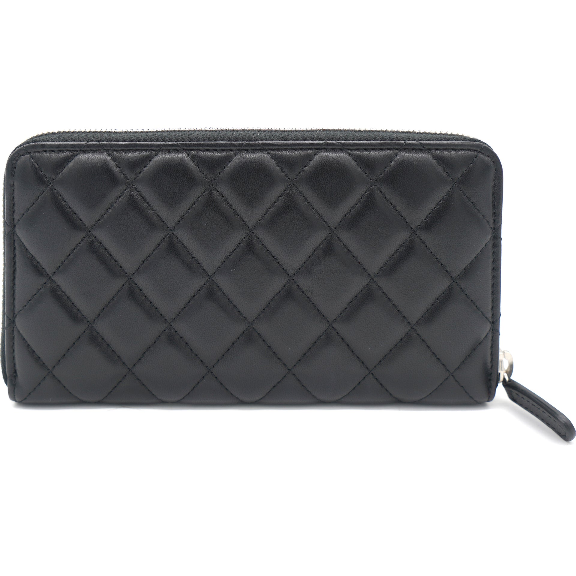 Black Lambskin Leather Quilted Zip Around Long Wallet