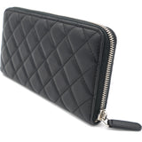 Black Lambskin Leather Quilted Zip Around Long Wallet