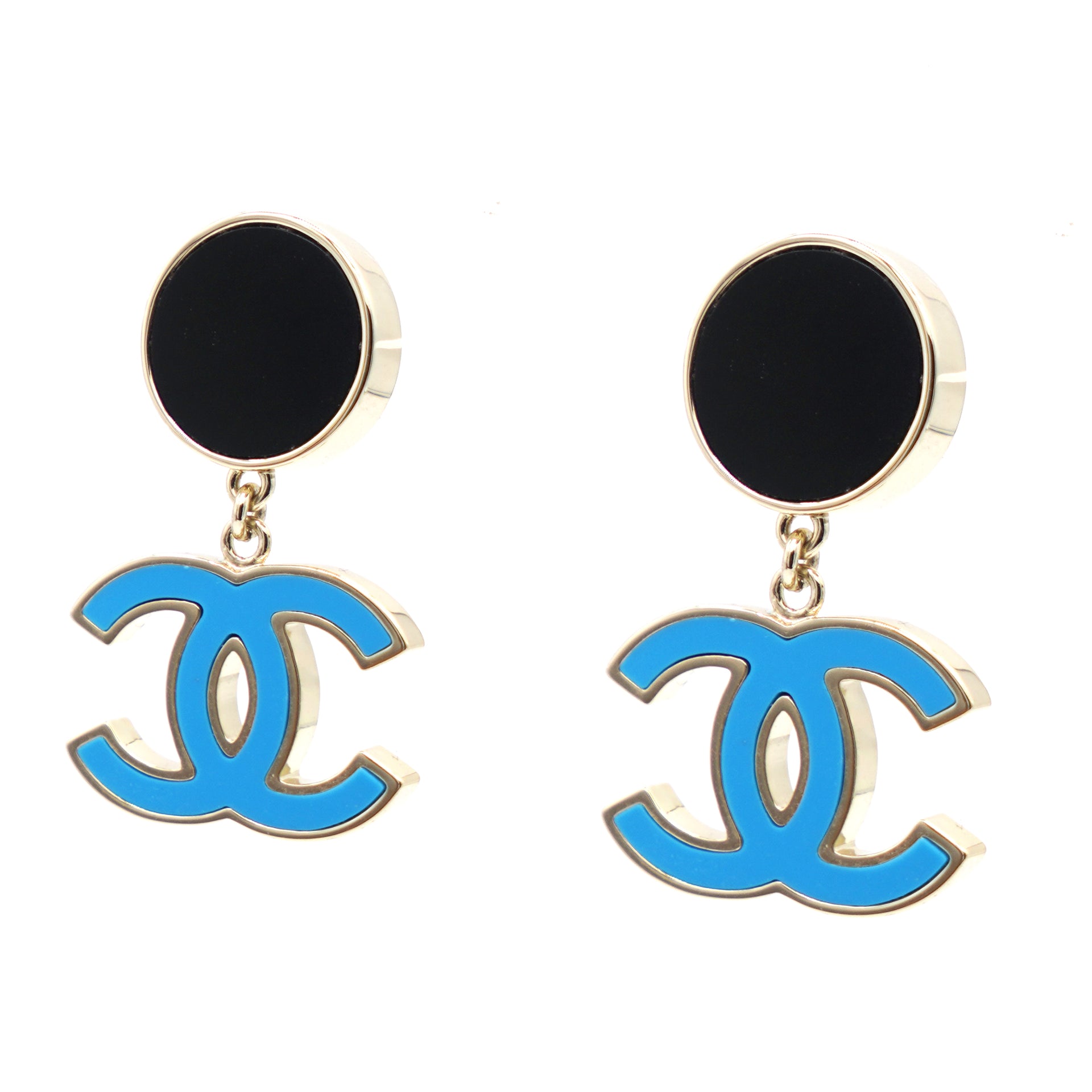 Black Round Enamel with CC Blue Enamel Drop Silver Earrings