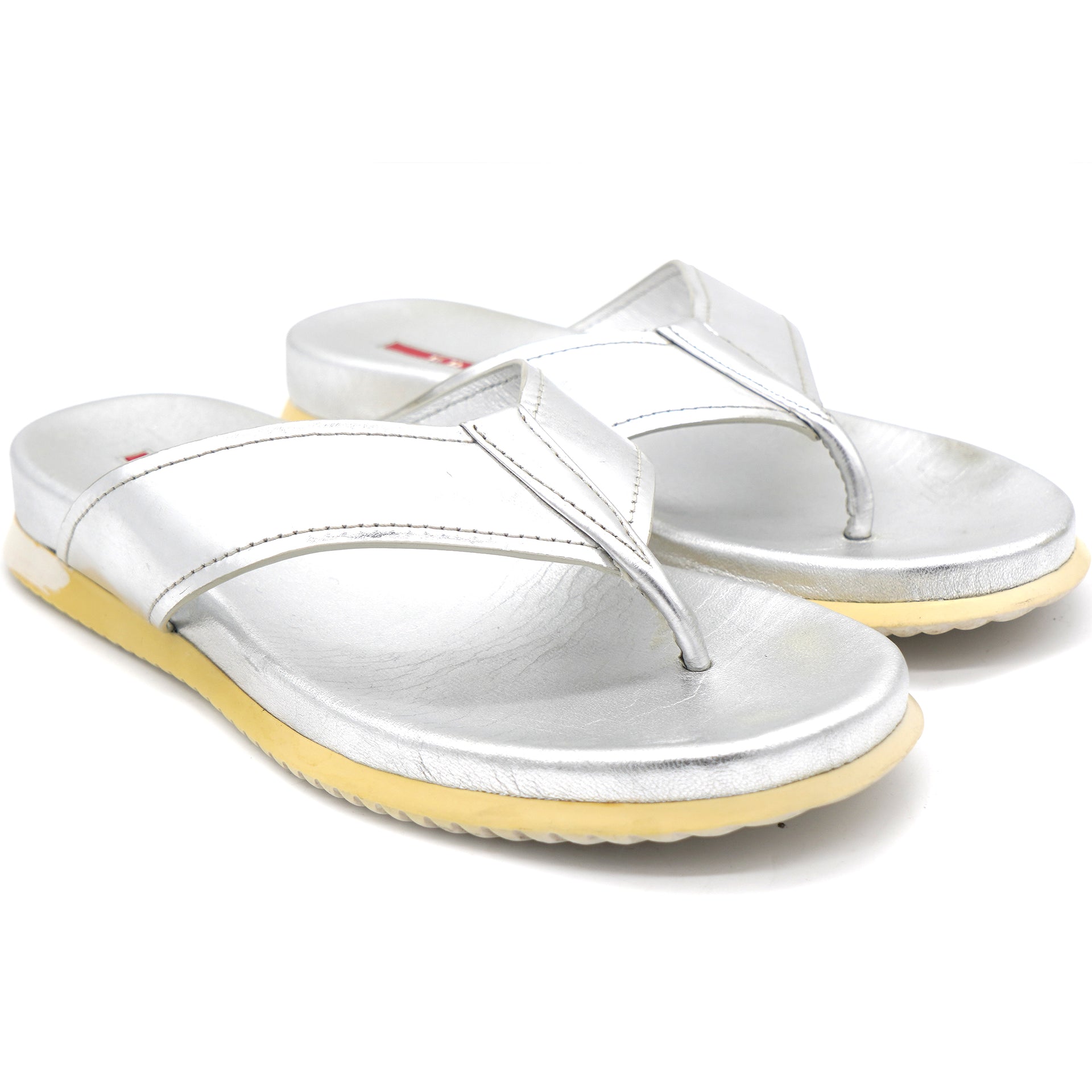 Metallic Silver Leather Flat Thong Sandals 36