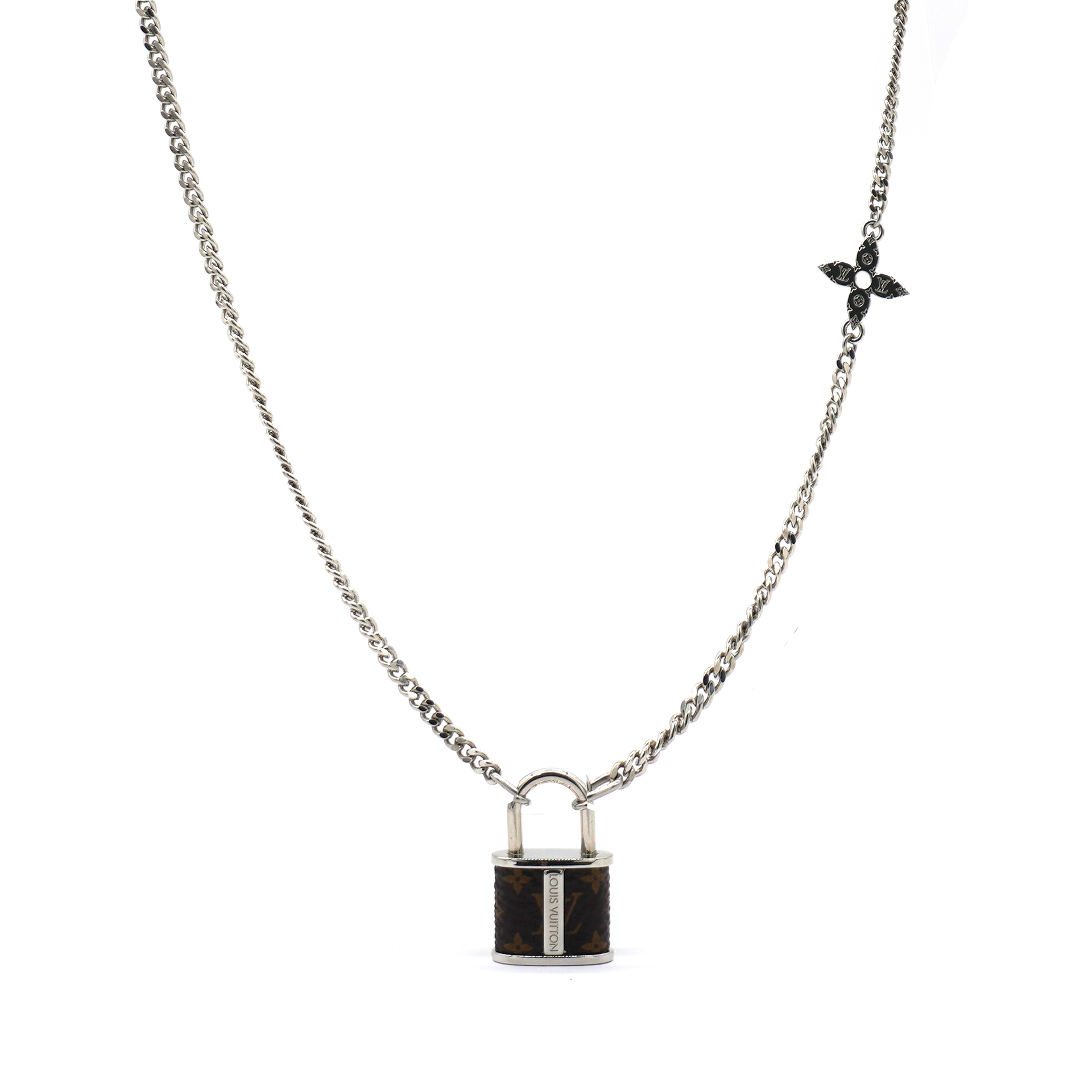 LOUIS VUITTON Monogram Lock Pendant Necklace Silver STYLISHTOP