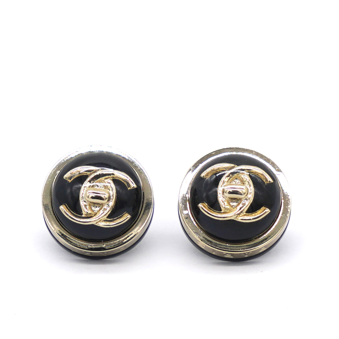 Black Enamel Gold CC Turnlock Logo Stud Earrings