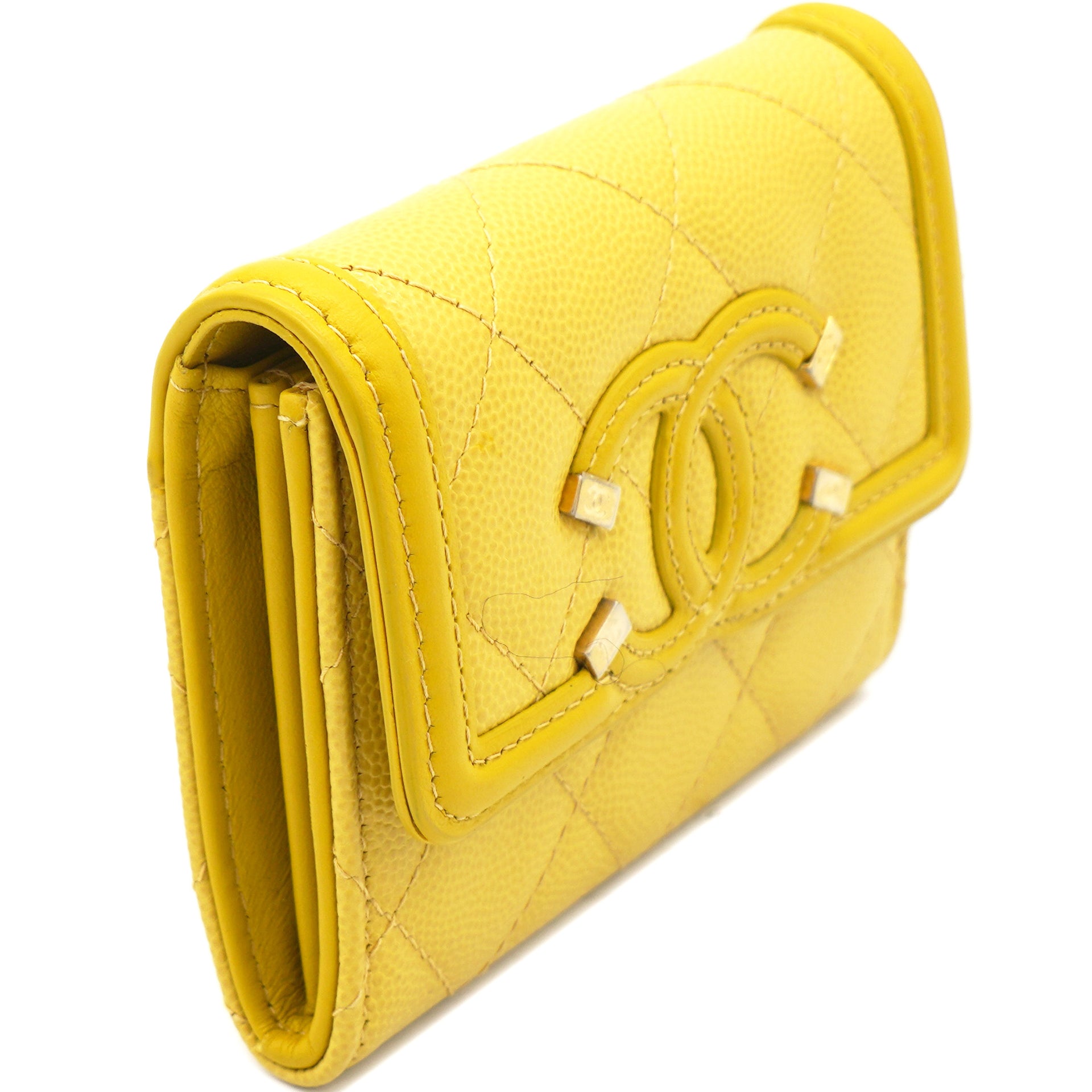 Caviar Quilted Filigree Mini Flap Wallet Yellow