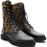 Calfskin Stretch Fabric FF Rockoko Biker Boots Black Tobacco Size40