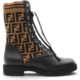 Calfskin Stretch Fabric FF Rockoko Biker Boots Black Tobacco Size40