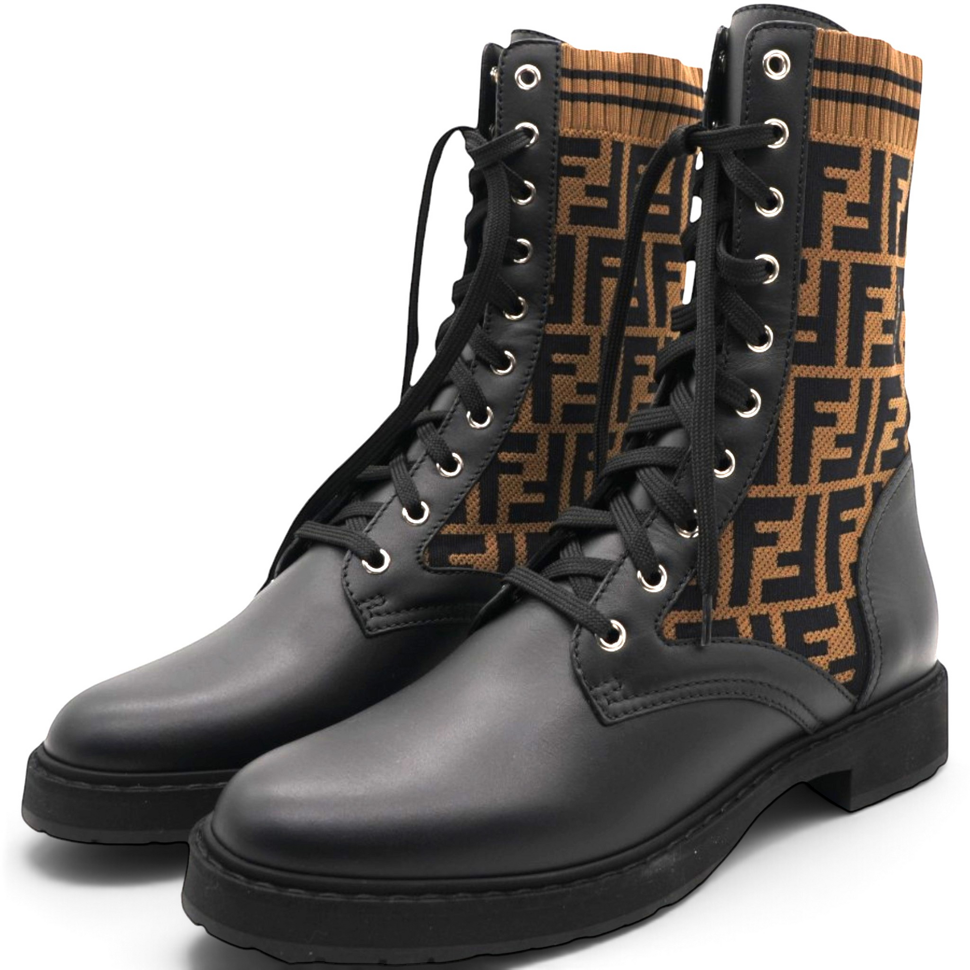 Calfskin Stretch Fabric FF Rockoko Biker Boots Black Tobacco Size40
