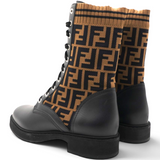 Calfskin Stretch Fabric FF Rockoko Biker Boots Black Tobacco Size40
