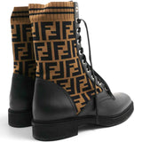 Calfskin Stretch Fabric FF Rockoko Biker Boots Black Tobacco Size40