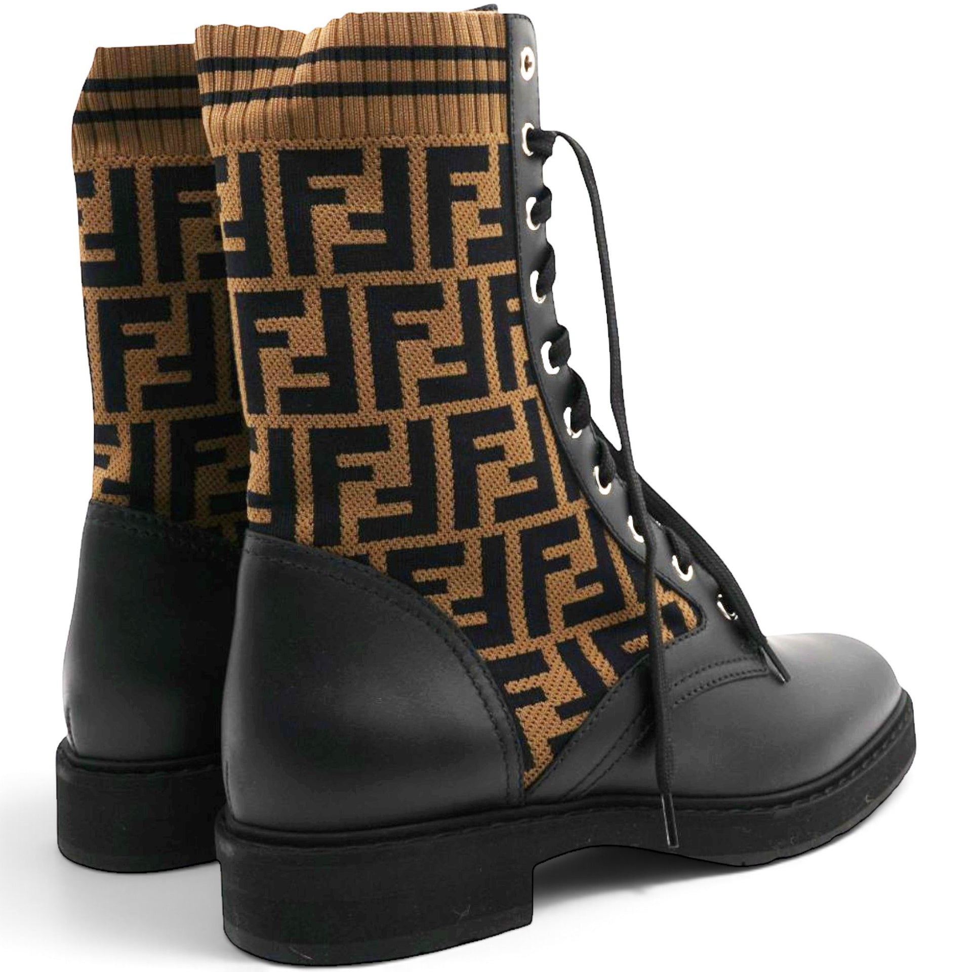 Calfskin Stretch Fabric FF Rockoko Biker Boots Black Tobacco Size40