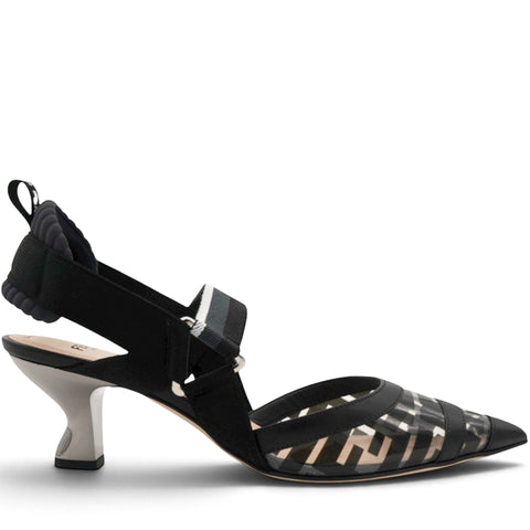 Fendi Black/Grey Leather And PVC Colibri Slingback Pumps Size39
