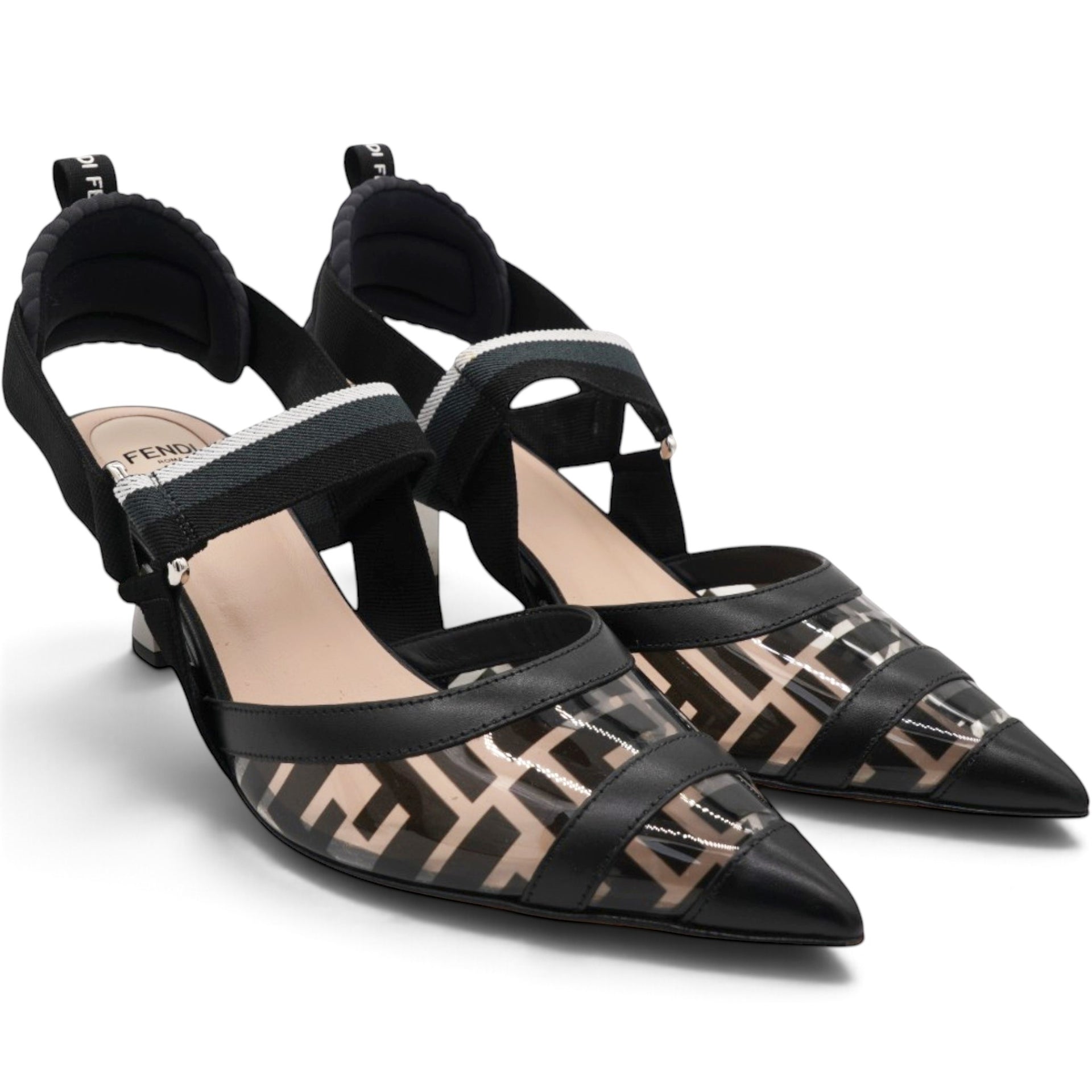 Fendi Black/Grey Leather And PVC Colibri Slingback Pumps Size39