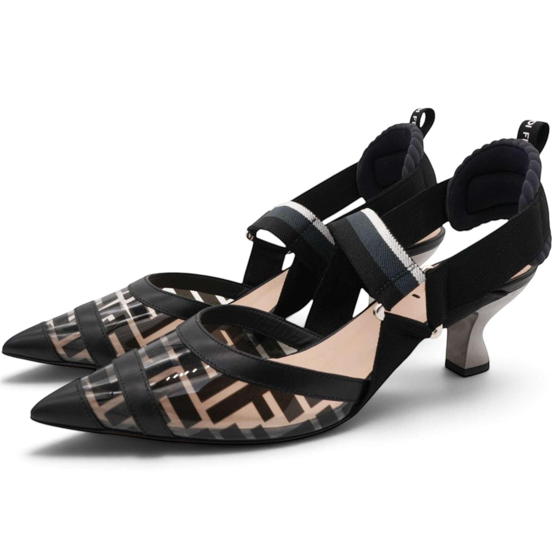 Fendi Black/Grey Leather And PVC Colibri Slingback Pumps Size39