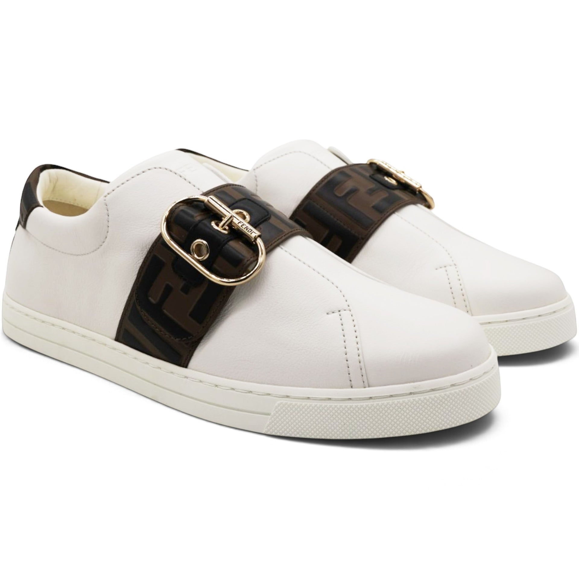 White/Brown Leather FF Low Top Sneakers Size39