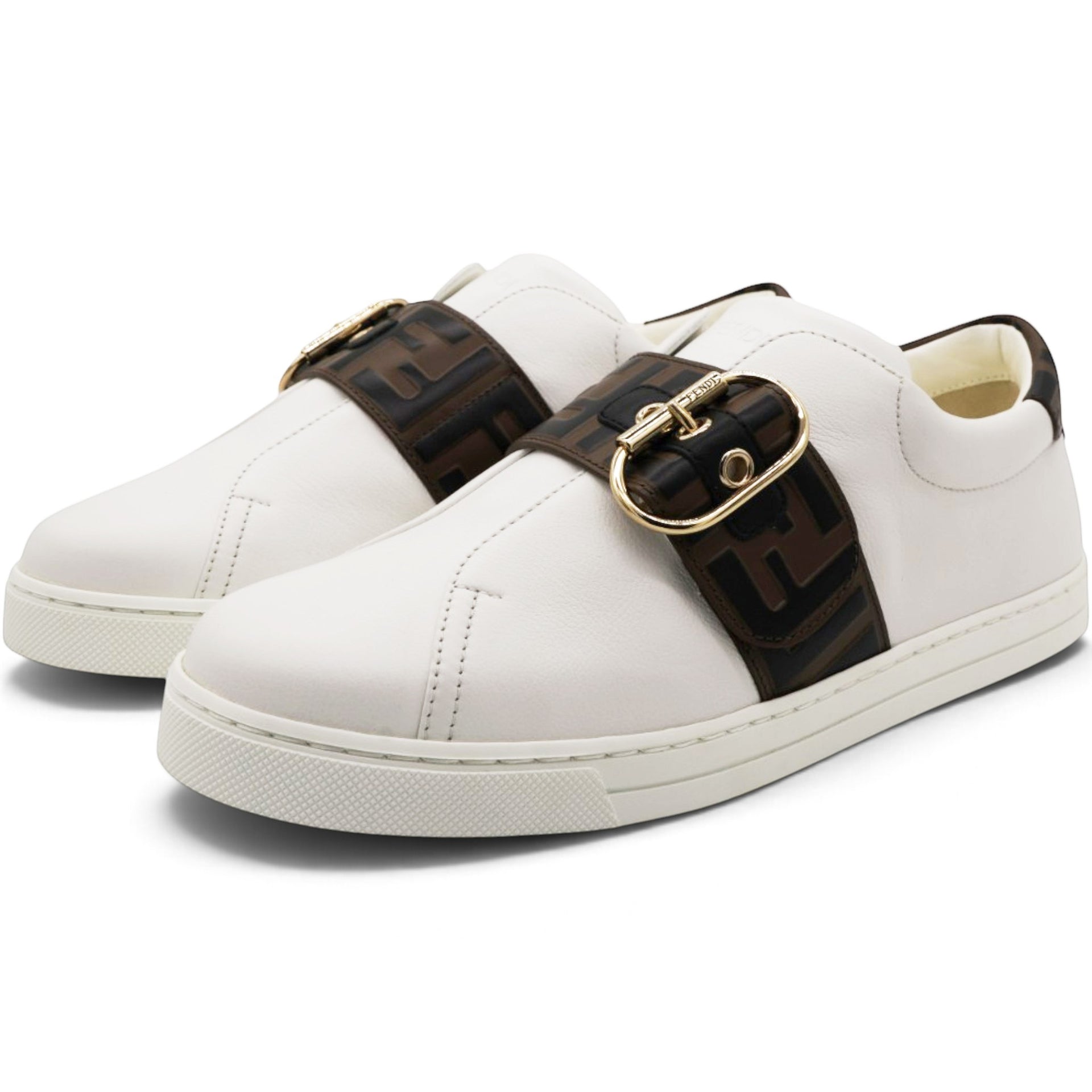 White/Brown Leather FF Low Top Sneakers Size39