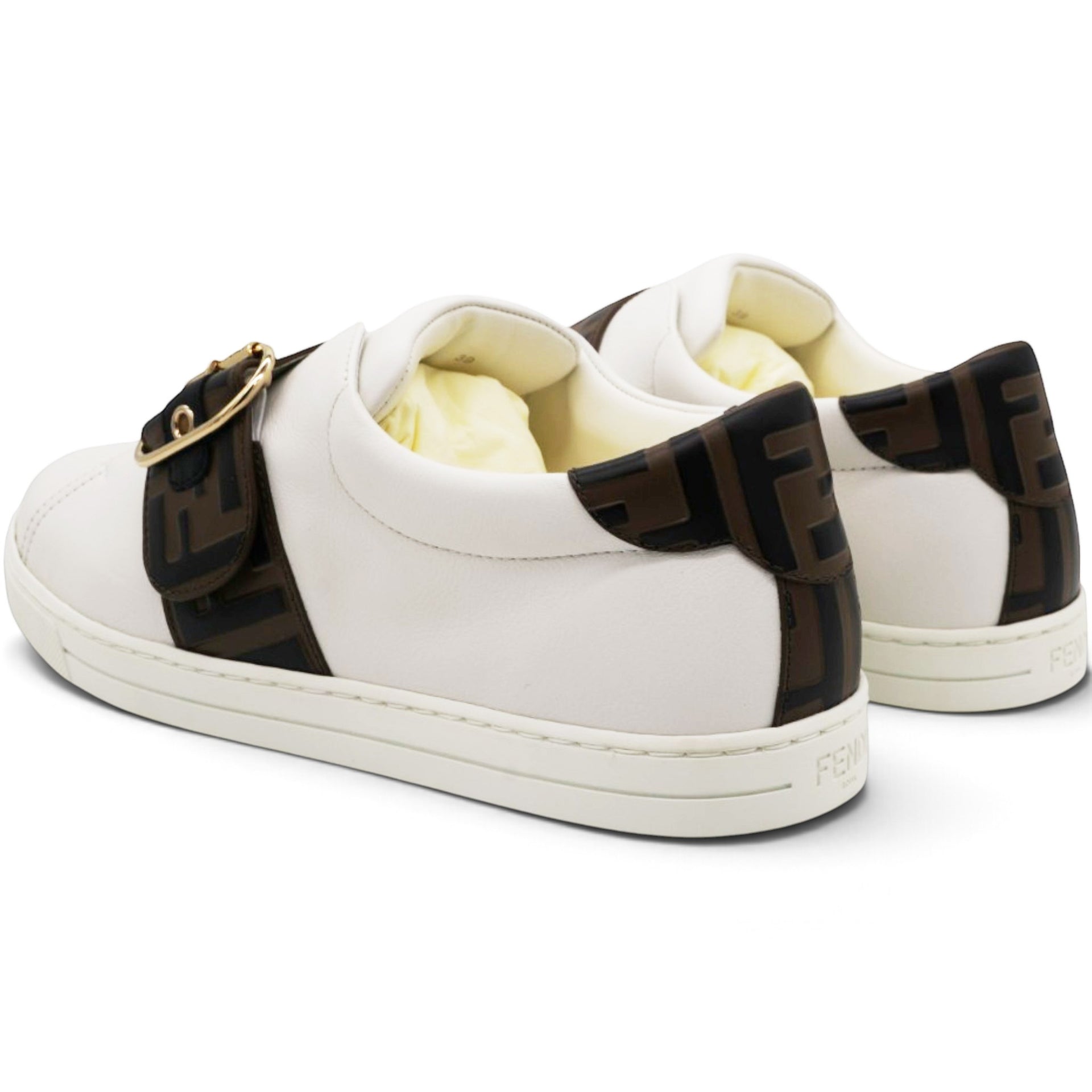 White/Brown Leather FF Low Top Sneakers Size39